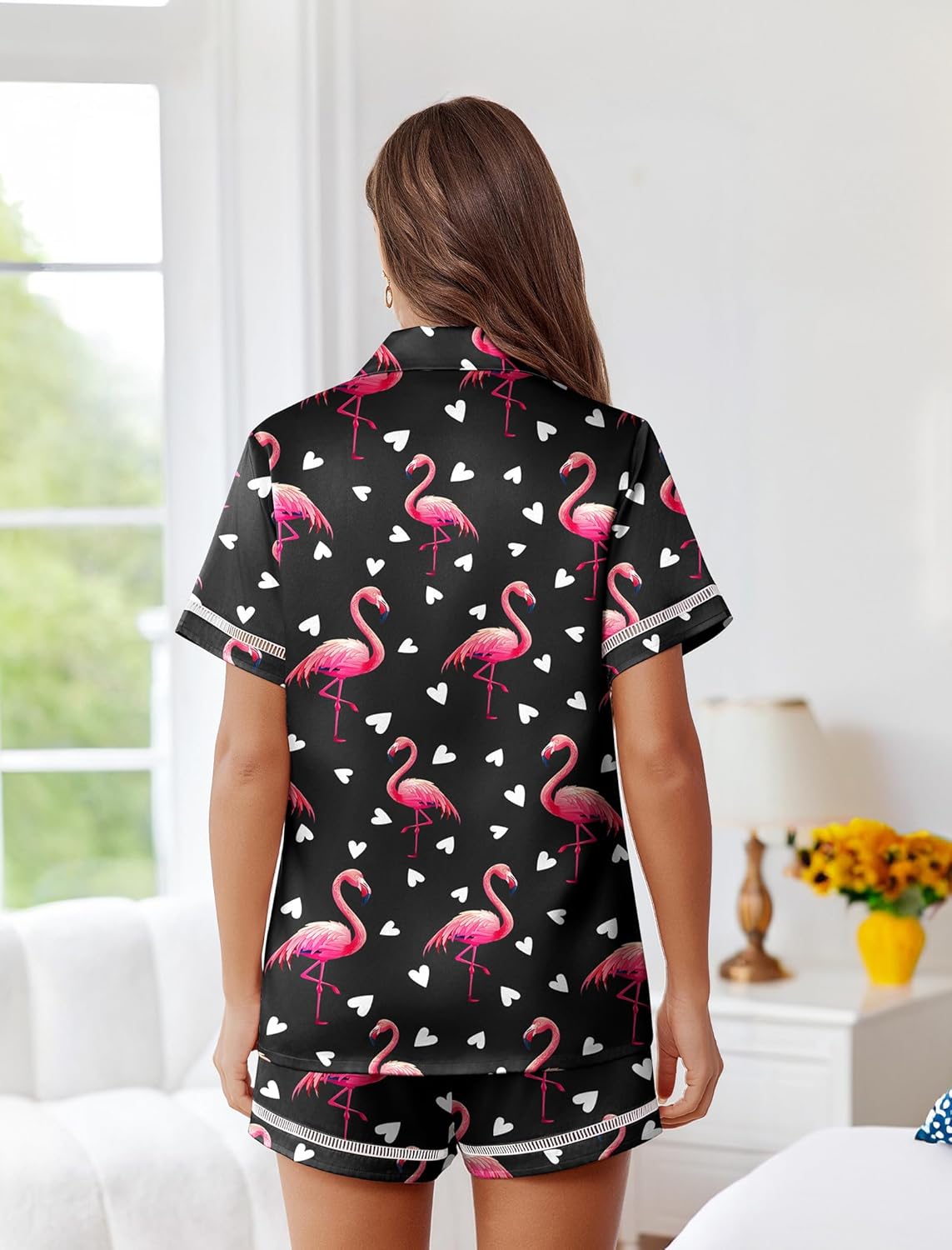 Ekouaer Womens Silk Pajama Sets Button Up Satin Pjs Short Sleeve 2 Piece Pj Sets Cute Lounge Sets with Chest Pocket - Image 5