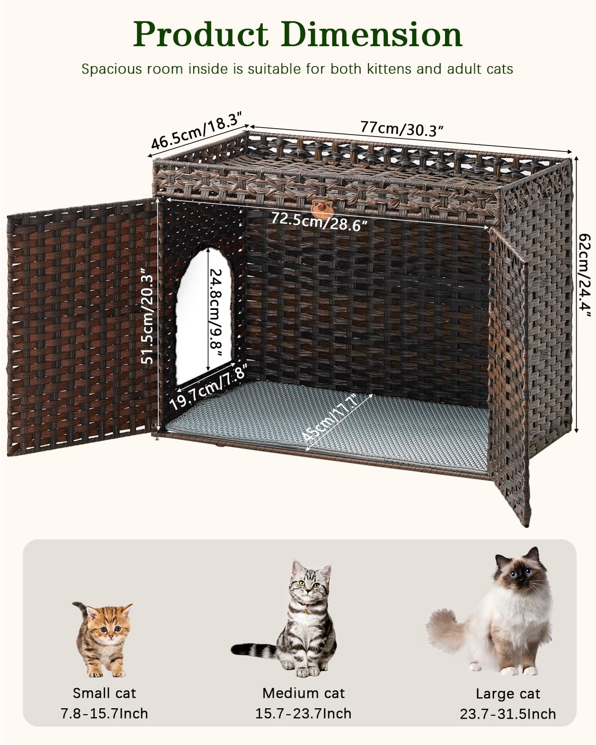 SETVSON Cat Litter Box Enclosure Furniture, Handwoven Rattan Hidden Litter Box with Mat, Large Space Cat House with 2 S-Shaped Hooks, 30.3 x 18.3 x 24.4 Inches, Indoor for Living Room Apartment Brown - image 5