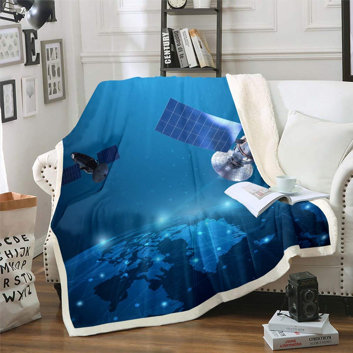 Loussiesd Satellite Sherpa Throw Blanket Outer Space Themed Fleece Blanket Earth Planet Printed Fuzzy Blanket for Sofa Couch Science Fiction Style Plush Blanket Room Decor Warmth Baby 30"x40"