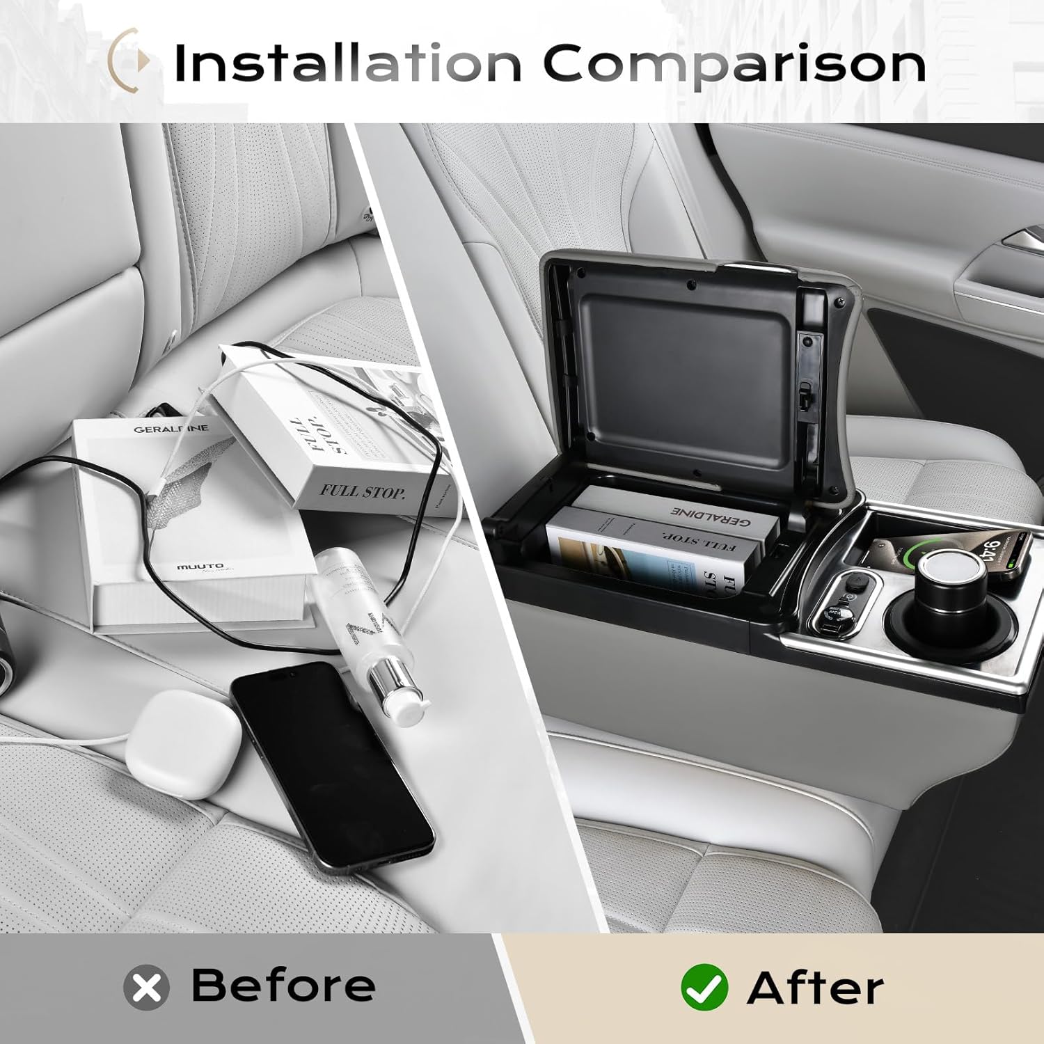 Coverado Universal Car Center Console with Wireless Charging & Cup Holder, Back Seat Organizers, Rear Bench Seat Central Armrest Box with Storage, for Most Vehicles, Easy Install, Gray