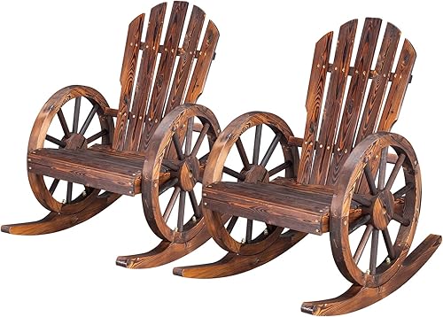 Outvita Adirondack - Juego de 2 mecedoras de madera sillas de descanso carbonizadas de madera para exteriores con reposabrazos de rueda para jardín Outvita Adirondack - Juego de 2 mecedoras de madera sillas de descanso carbonizadas de madera para exteriores con reposabrazos de rueda para jardín