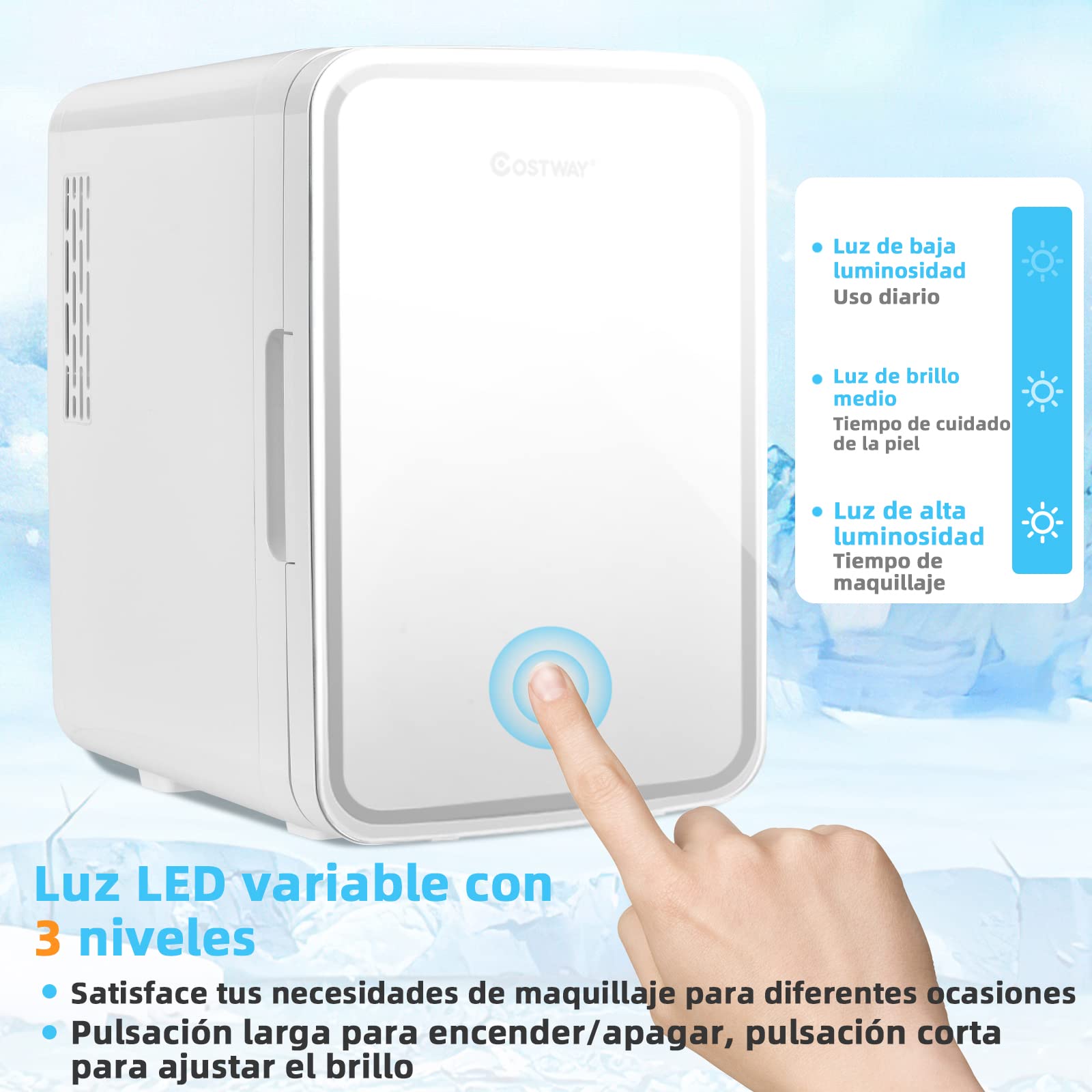 COSTWAY Mini Nevera, Nevera Portátil 10 L AC/DC con Espejo LED, Repisas Removibles para Maquillaje Bebidas, Frigorífico Compacto, Nevera Termostática y Calentamiento para Coche y Dormitorio