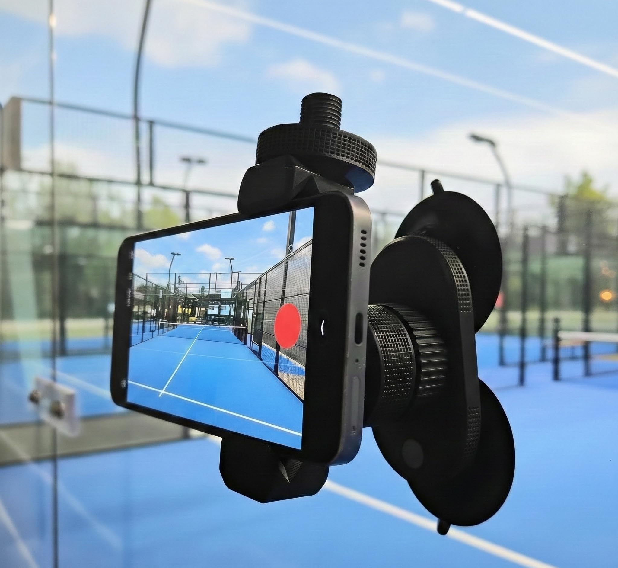 Support de téléphone pour Padel avec ventouse robuste – Support universel pour smartphone pour enregistrement vidéo, entraînement et réseaux sociaux – Rotation à 360° – Compatible avec iPhone, Samsung