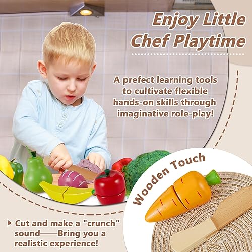 Miniatura 2 de HERSITY Juego de comida de madera para cortar frutas y verduras para niños pequeños de 1 a 3 años, accesorios de cocina Montessori, juguetes