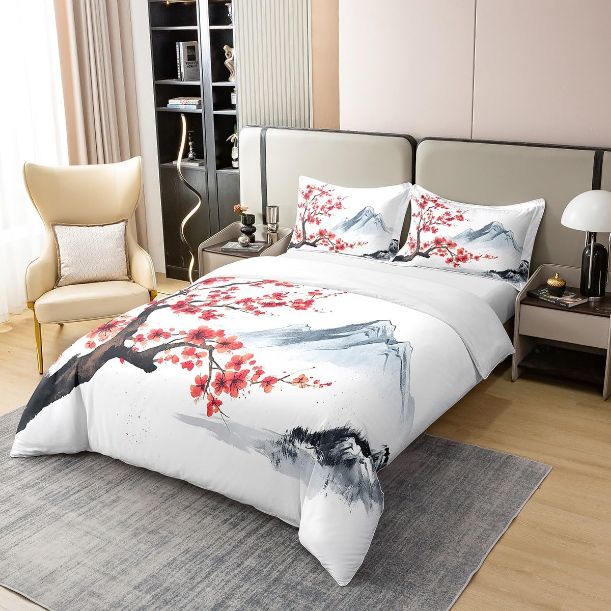Japanischer Stil 100% Baumwolle Bettbezug 135x200,Japanischer Ukiyo E Tröster Bezug für Bett,Kirschblüten Blumen Weiche Bettwäsche Set für Kinder Teens,Hügel Blumen Botanische Bettbezug