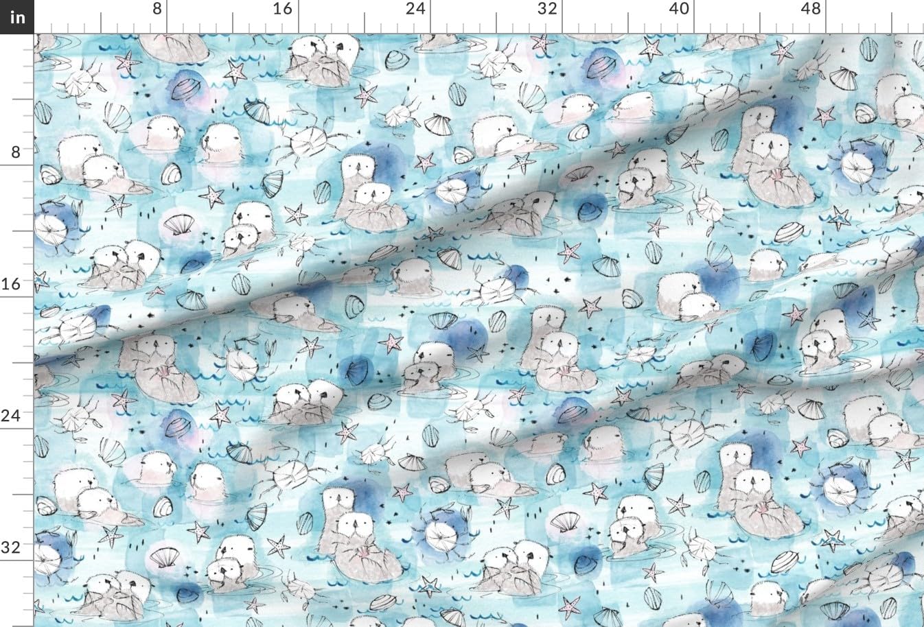 Spoonflower Fabric - Otters Blush Neutral Sea Watercolor Crab Coastal Otter Printed on Upholstery Velvet Fabric Fat Quarter - Upholstery Home Decor Bottomweight Apparel
