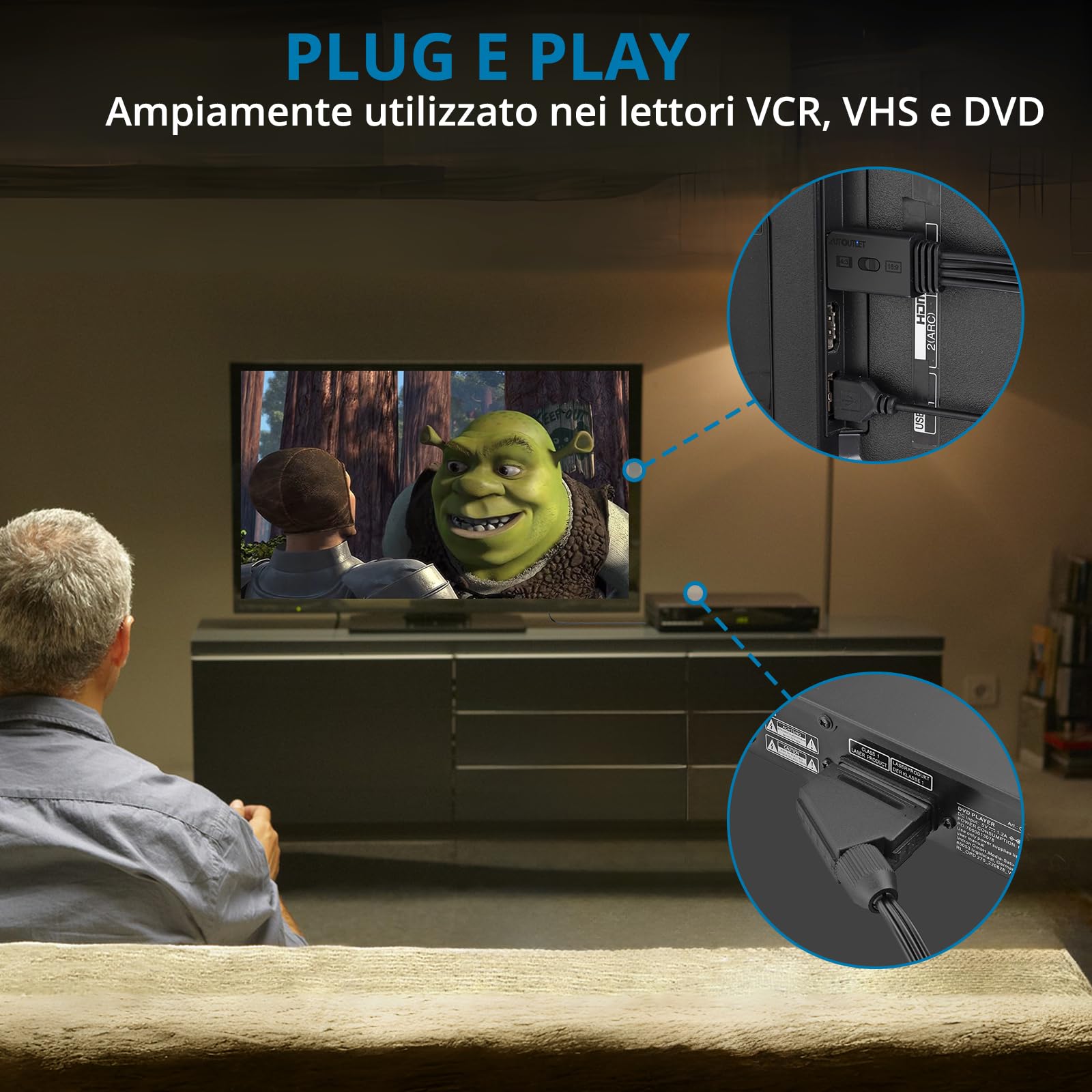 AUTOUTLET Convertitore Scart a HDMI 1080P Supporto Conversione 16:9 4:3 PAL NTSC Adattatore con Cavo 150 cm