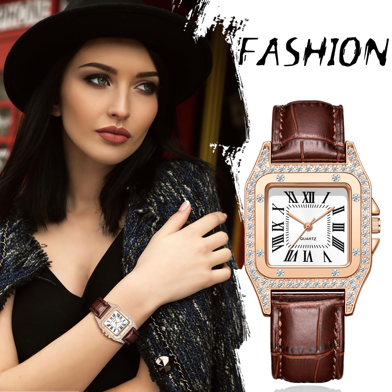 JewelryWe Zegarki damskie skórzane kwadratowe – 4 szt. elegancki błyszczący stras, analogowy zegarek kwarcowy, zegarek na rękę, luźny zegarek z kwadratowymi cyframi rzymskimi i skórzanym paskiem, 4