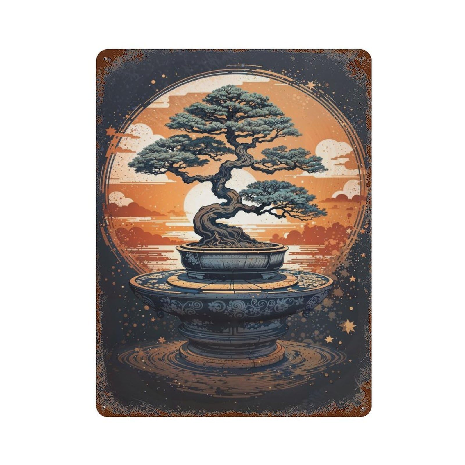 Distressed Metal Wall Sign with Japanese Eternal Bonsai Design 15.7"x11.8", for Living Room, Hallway And Home Decor, Vintage Wall Decor