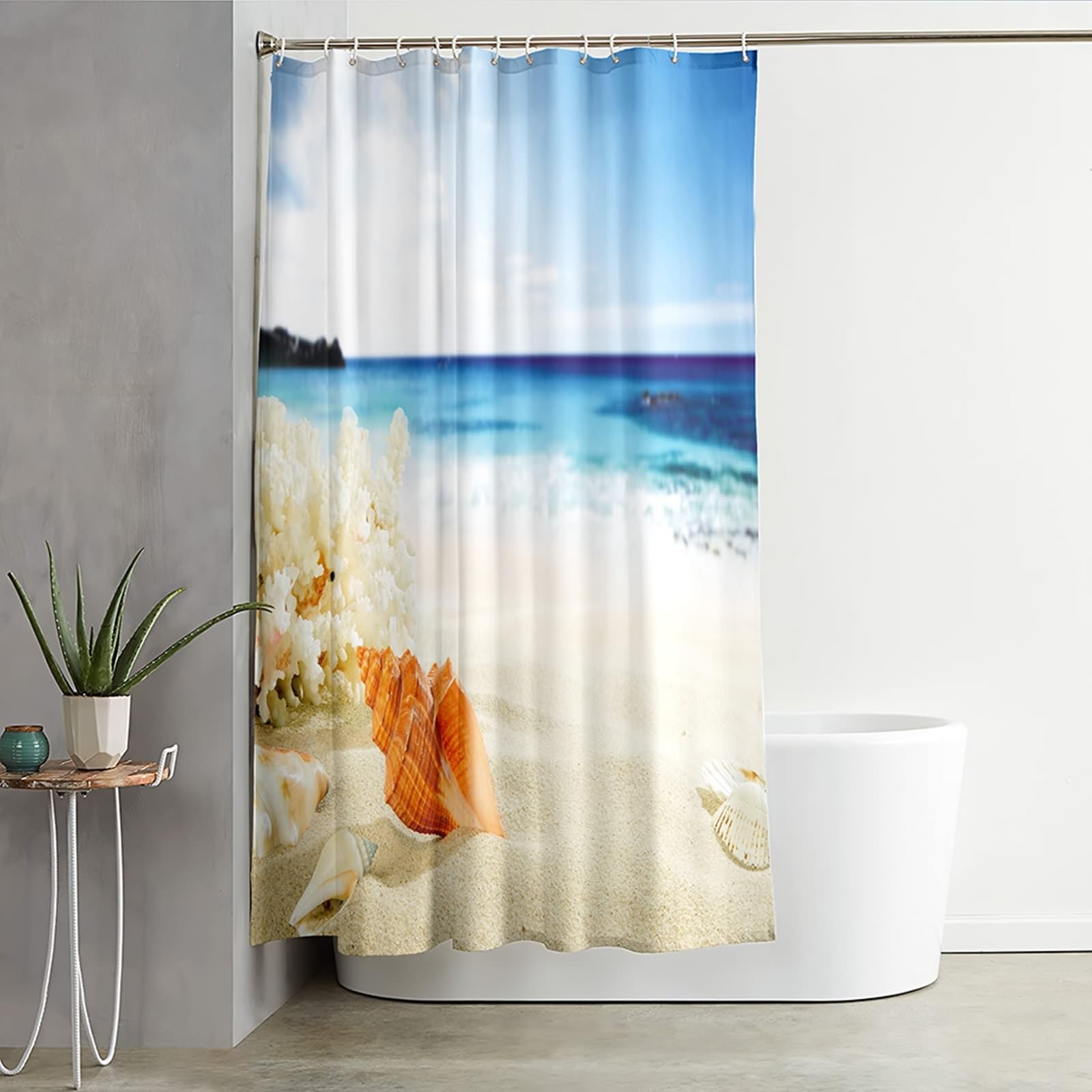 Zasłona prysznicowa 180 wysokości, 120 x 180 cm poliester Coral Shell Sea Beach zasłona wanna ze wzmocnionymi otworami na guziki, niebiesko-beżowa