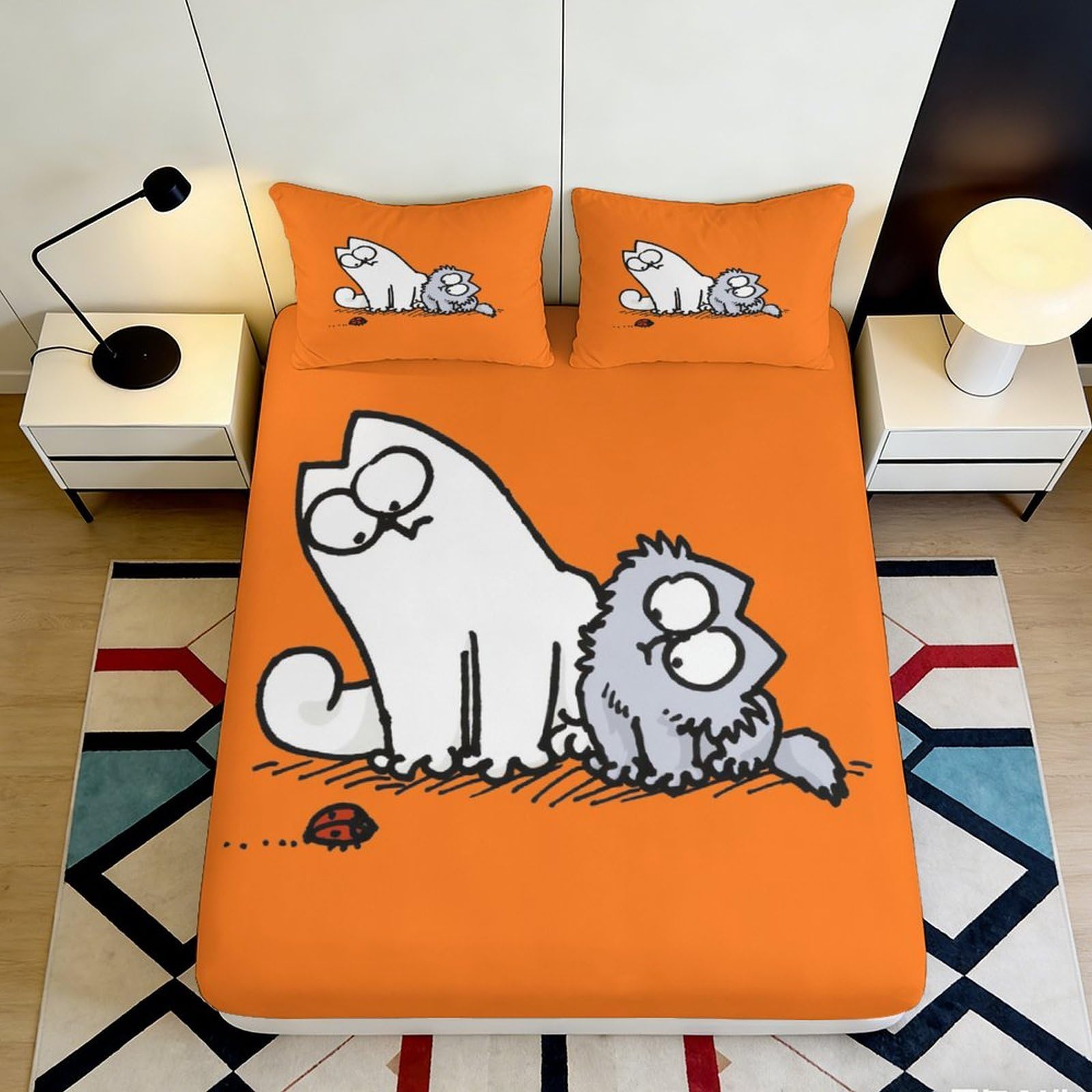 3D Printed Cartoon Cat Fitted Sheet Microfiber Soft Breathable Orange Bed Cover Mattress Protection for Bedroom Dormitory Guest Room 180x200x25cm