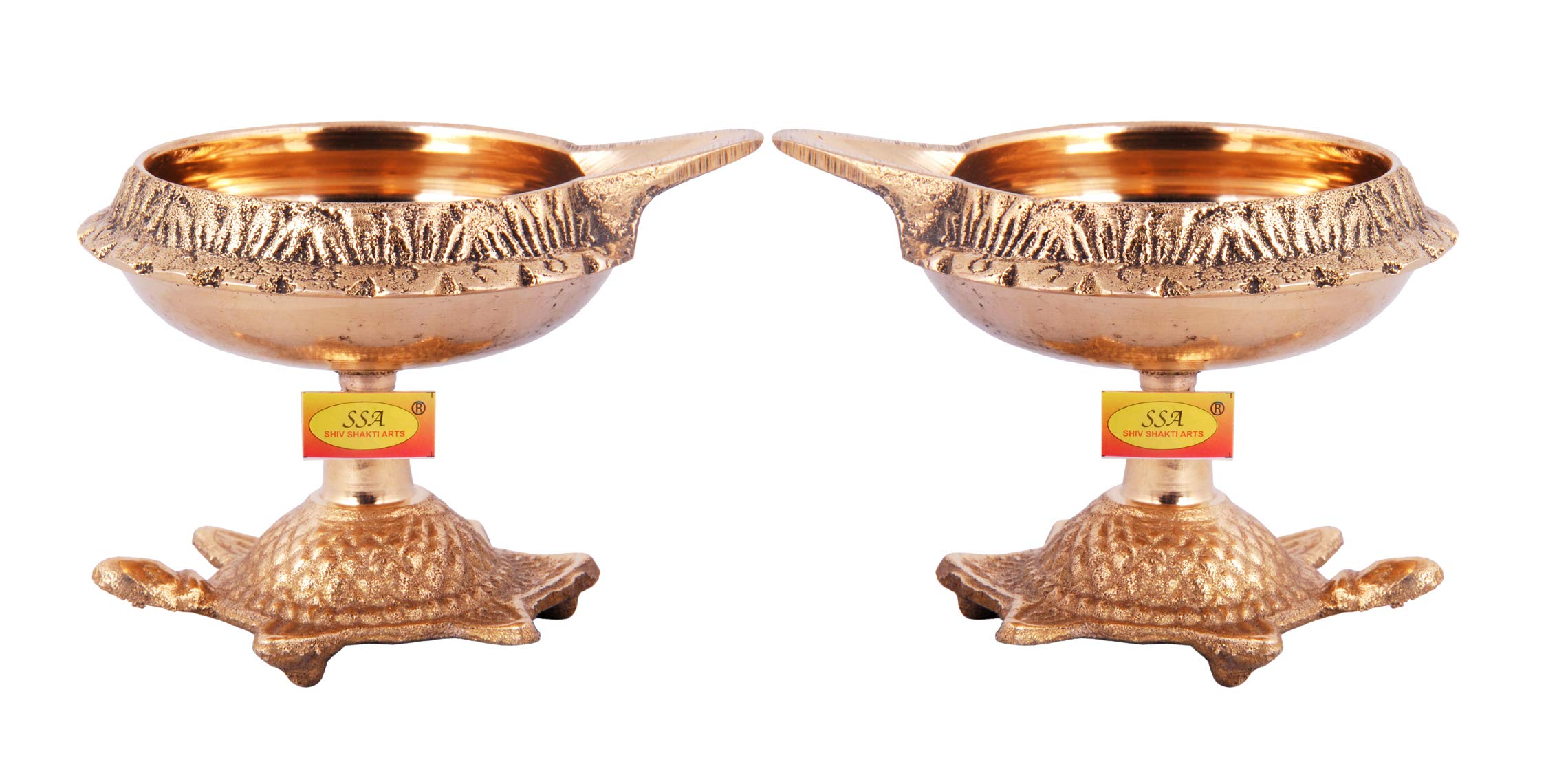 Shiv Shakti Arts Pure Brass Kuber Diya with Turtle Base Big No.2 (110 Gm Each) Designer Engraved Diya, Deepak for 2020 Navrati Diwali Poojan Decorative Gift - 2 Piece