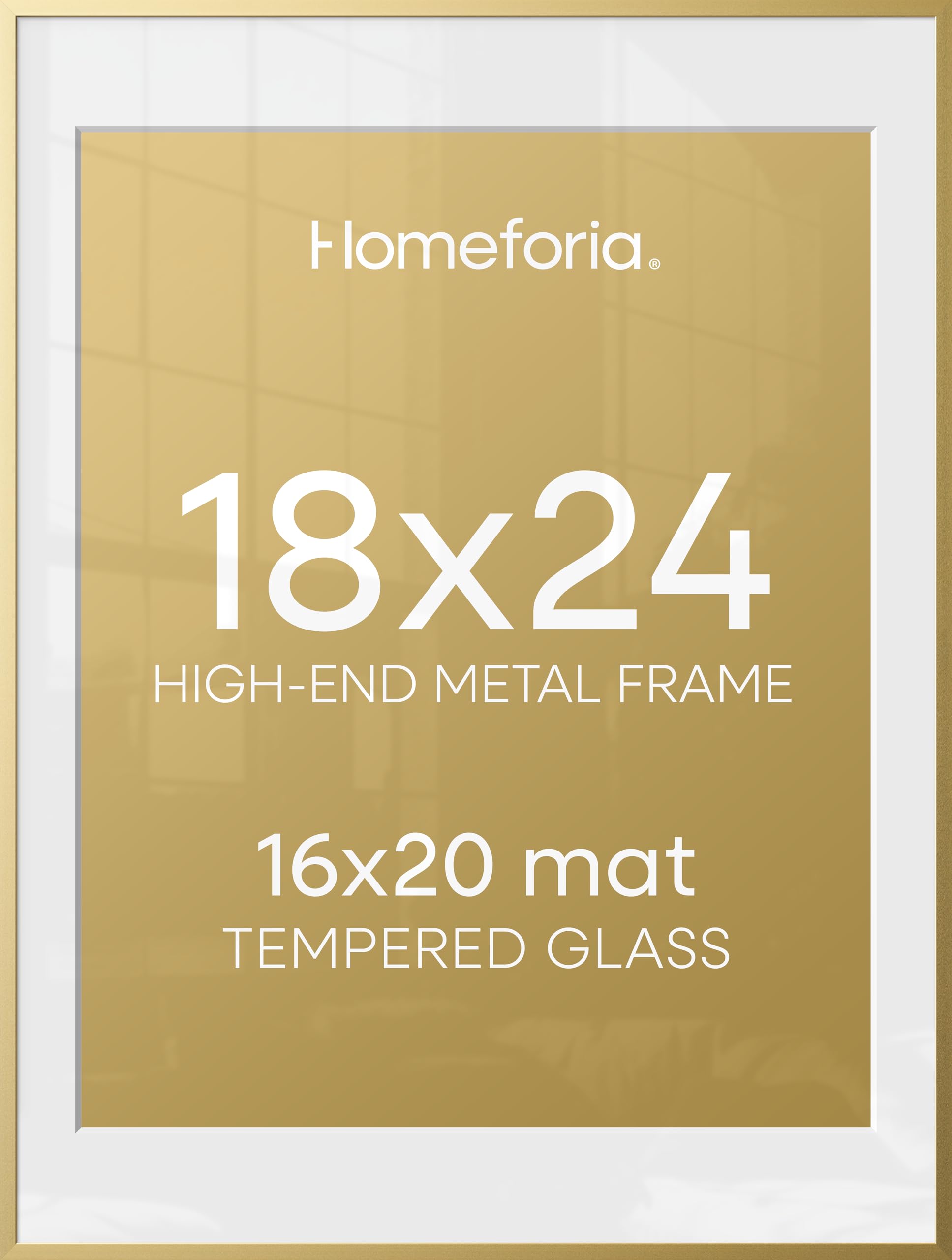 Homeforia 18 x 24 Poster Frame Gold, High End Metal 18x24 Picture Frames with Mat 16x20 Photo, 18 x 24 Gold Frame Matted to 16 by 20 Print, 24x18 Thin Hanging Frame, Tempered Glass, Wall Kit, Set of 1
