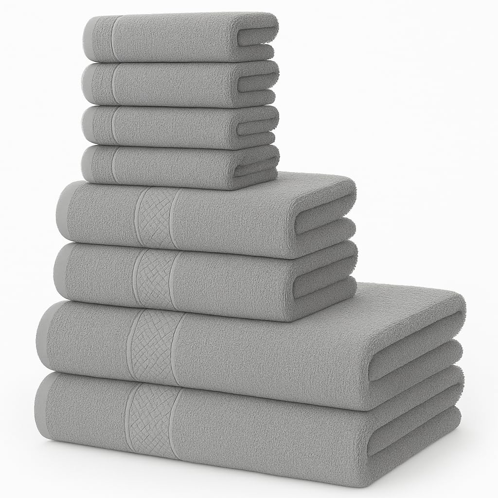 Diamond Tex Luxury 8 Pcs Towels Bale Set 100% Egyptian Cotton Face Cloth, Hand Towel, Jumbo Bath Towel 600-GSM Soft and Absorbent Gym, Golf, Spa, Beach Towels (Silver)