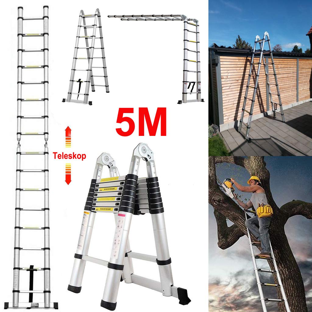 5M Teleskopleiter Alu Leiter Ausziehbare Klappleiter 2.5M + 2.5M Teleskop Leiter mit Stabilisator, Hohe Mehrzweckleiter, 150 kg Belastbarkeit