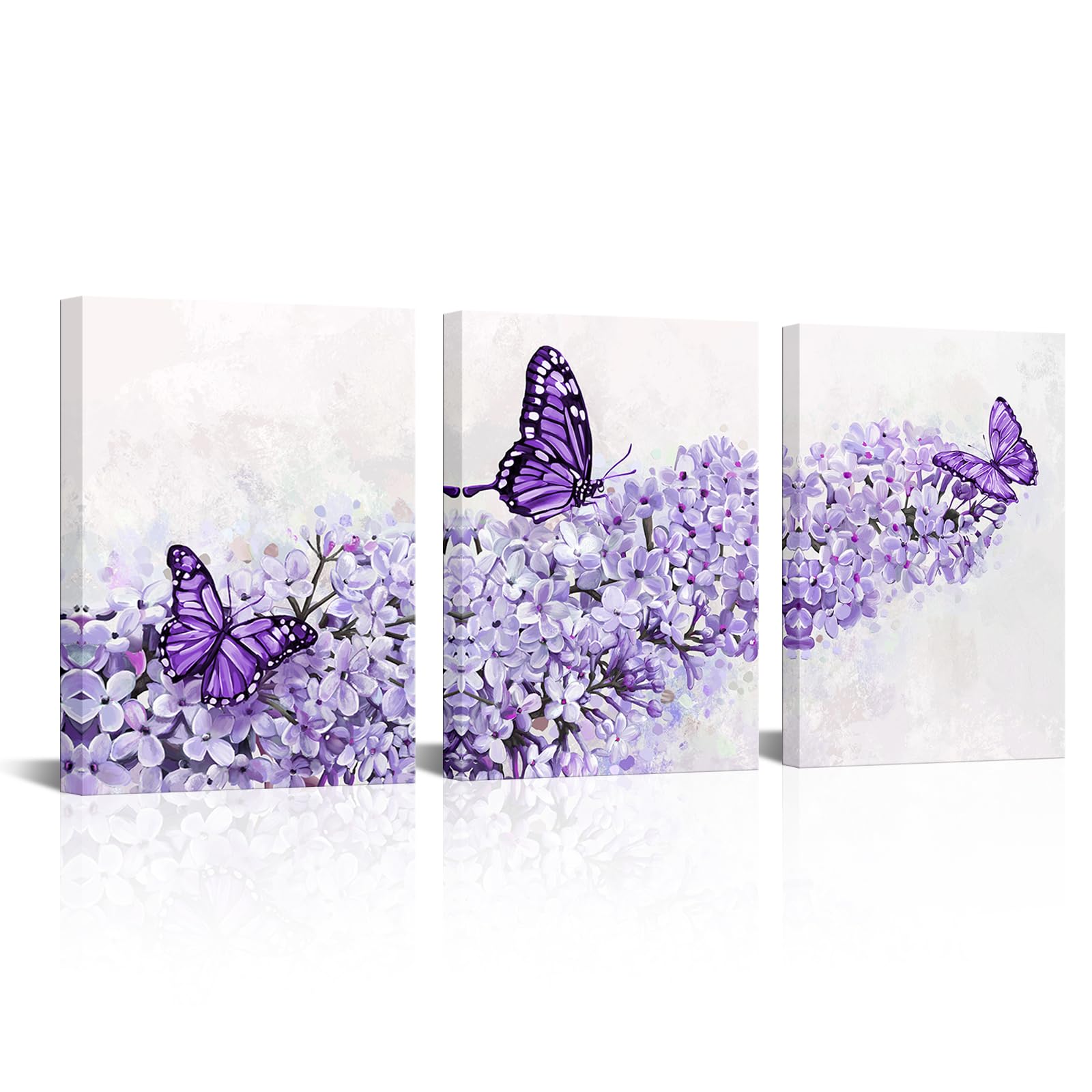HOMEOART Butterfly and Flower Canvas Wall Art Floral Picture Bathroom Wall Decor Bedroom Art Farmhouse Kitchen Wall Decor, 12x16inchx3Pieces Framed (