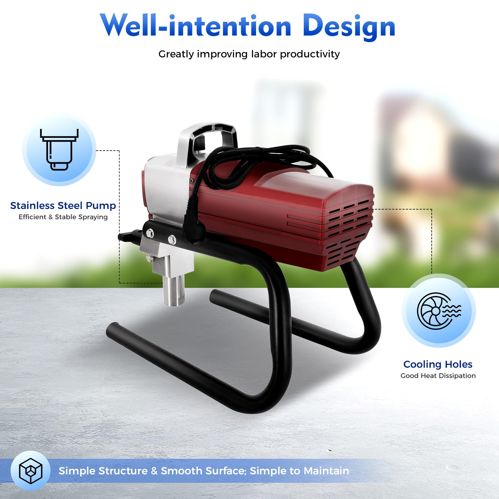 Airless spruzzatore a parete, 1800 W, macchina per verniciatura a spruzzo con tubo ad alta pressione da 13 m, larghezza spruzzo 250 mm, pistola a spruzzo per dipingere pareti