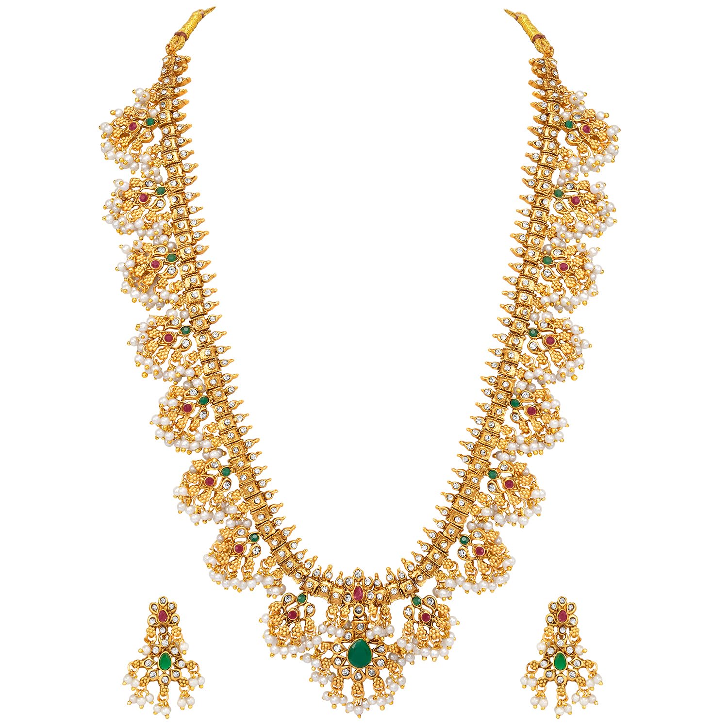 Traditional Gold Plated Red Green Beads Studded Long Necklace Drop Earrings Set Ethnic Stylish Fashion Jewellery Gift for Girls Women