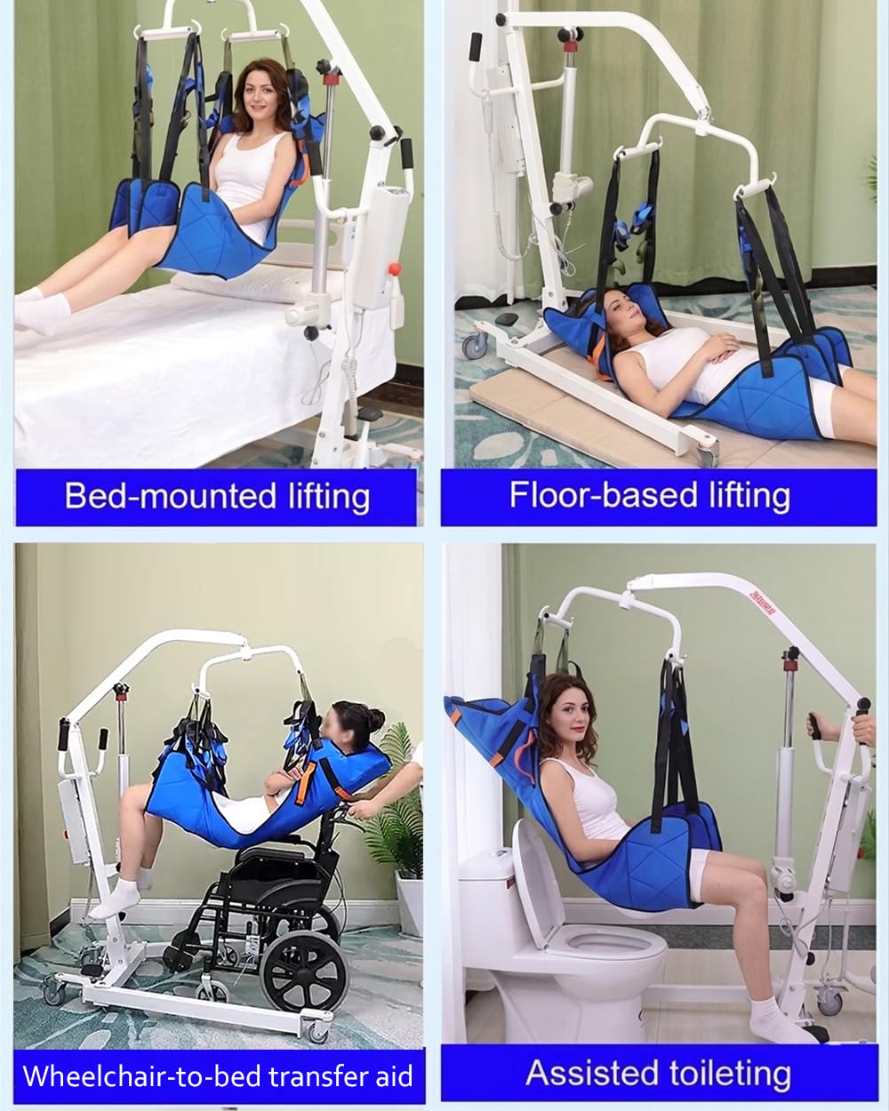 Grúa de Traslado Eléctrica Profesional para Pacientes y Ancianos, Sistema de Elevación de Acero al Carbono, Carga 150kg, Incluye Arnés para WC y Parada de Emergencia, Ideal para Cuidado en Cas