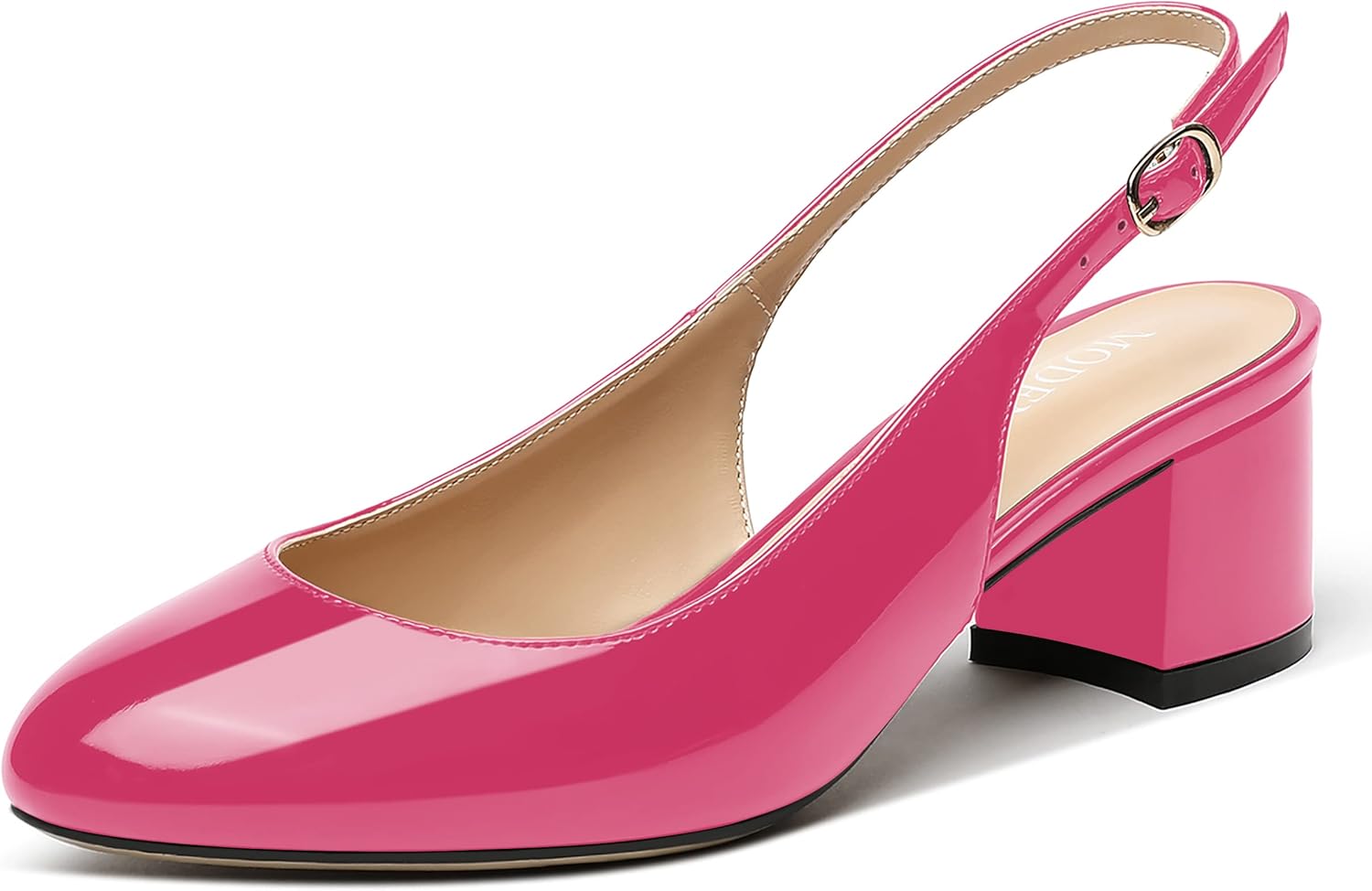MODENCOCO Women's Buckle Slingback Round Toe Patent Block