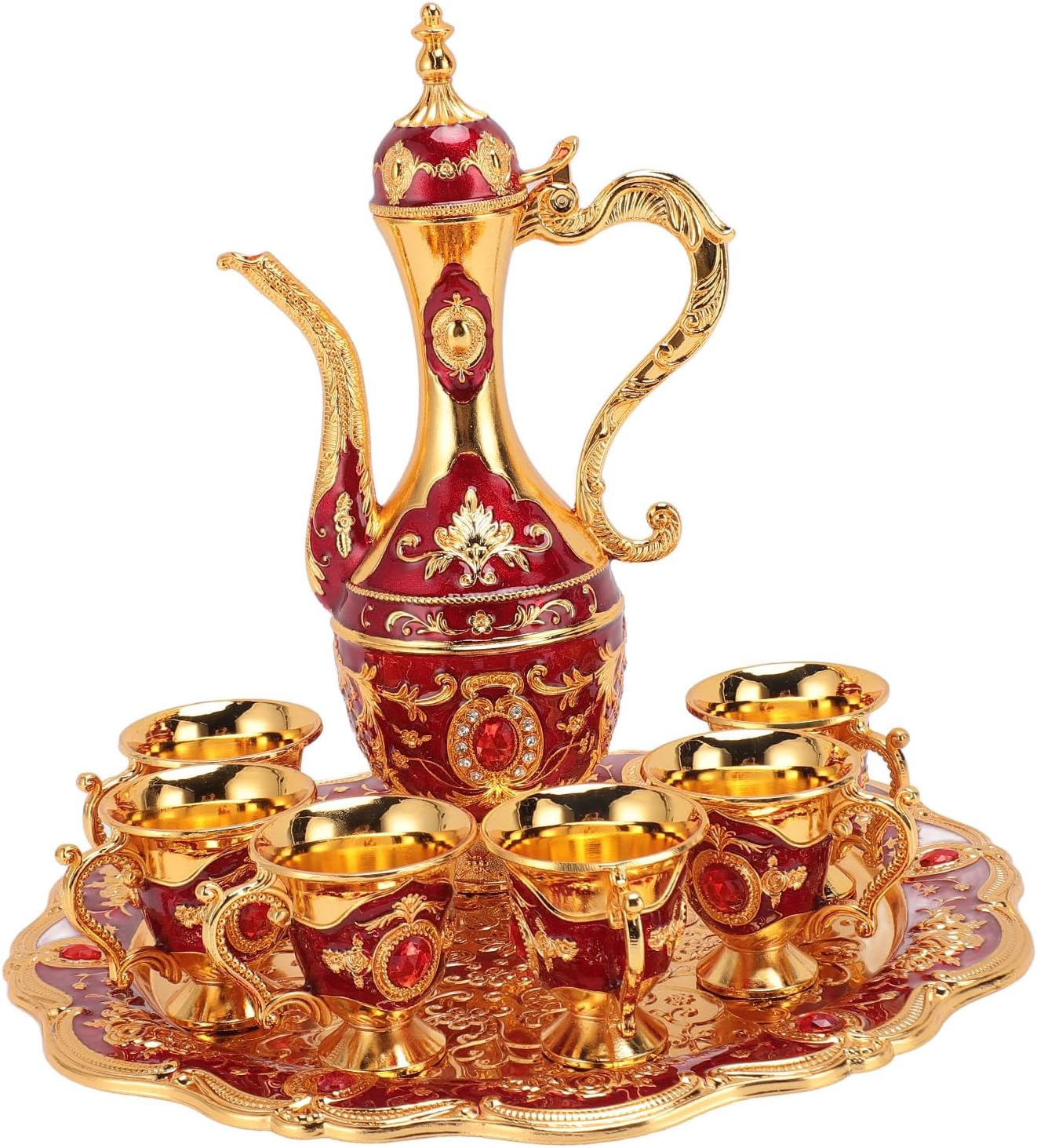 Vintage Coffee Pot Set, European Wine Pot Kit with 6 Cups, Elegant Teapot Tea Service Set for Weddings and Birthdays, Luxurious Gold and Red Design for Home Decor (Gold Red)