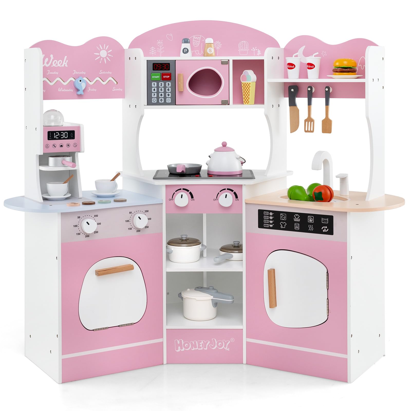 COSTWAY Cucina Giocattolo Angolare con Fornelli e Micronde da Suoni e Luci, Cucina per Bambini in Legno con Macchina Caffè, Lavandelo, Forno e Lavatrice, Set Cucina con Accessori (Rosa)