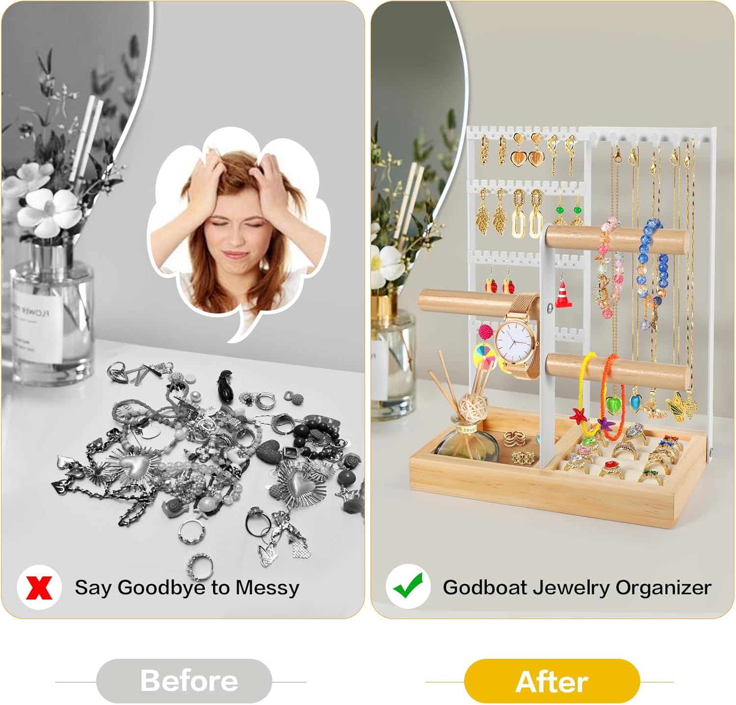 Godboat Jewelry Organizer, 4-Tier Earring Holder Organizer with 48 Holes, 6 Hooks Necklace Rack, Bracelet and Ring Stand with Wood Box, Gifts for Mothers Mom Women, Preppy Stuff & Room Decor, (White) - Image 4