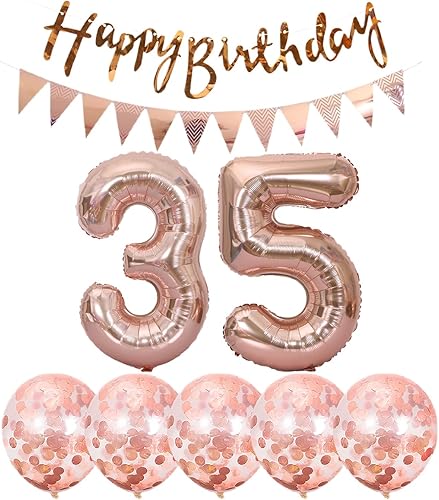 2 globos del número 35+ guirnalda de cumpleaños + globo de aluminio de oro rosa para decoración de cumpleaños de 35 años + 5 globos de confeti para