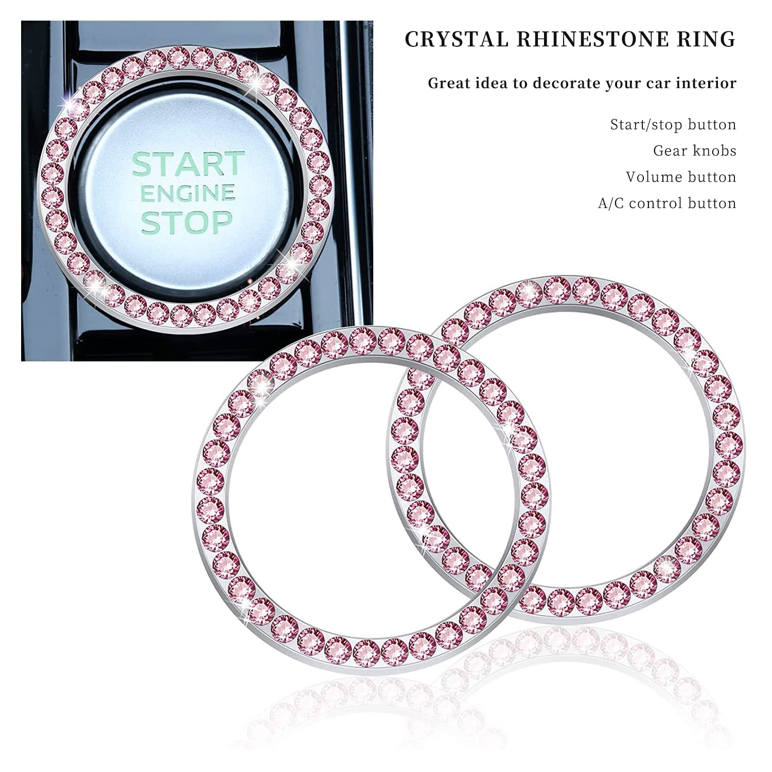 Cup Holder Coasters for Car, Car Push Start Button Bling Ring Universal Vehicle Car Accessories 2.75 inch Silicone Anti Slip Crystal Rhinestone for Women (Pink)