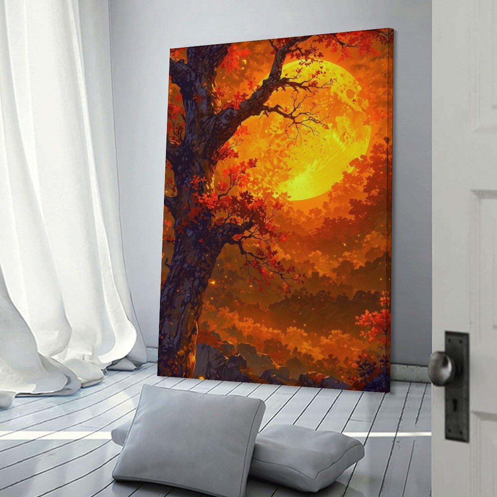 Junmoney Frame-Style-12 Canvas Wall Art Autumn Moonlit Forest, 16X24inch(40X60cm), For Lounge Decor, Bedroom Walls Or Flats, Eye Catching Artwork For Blank Walls