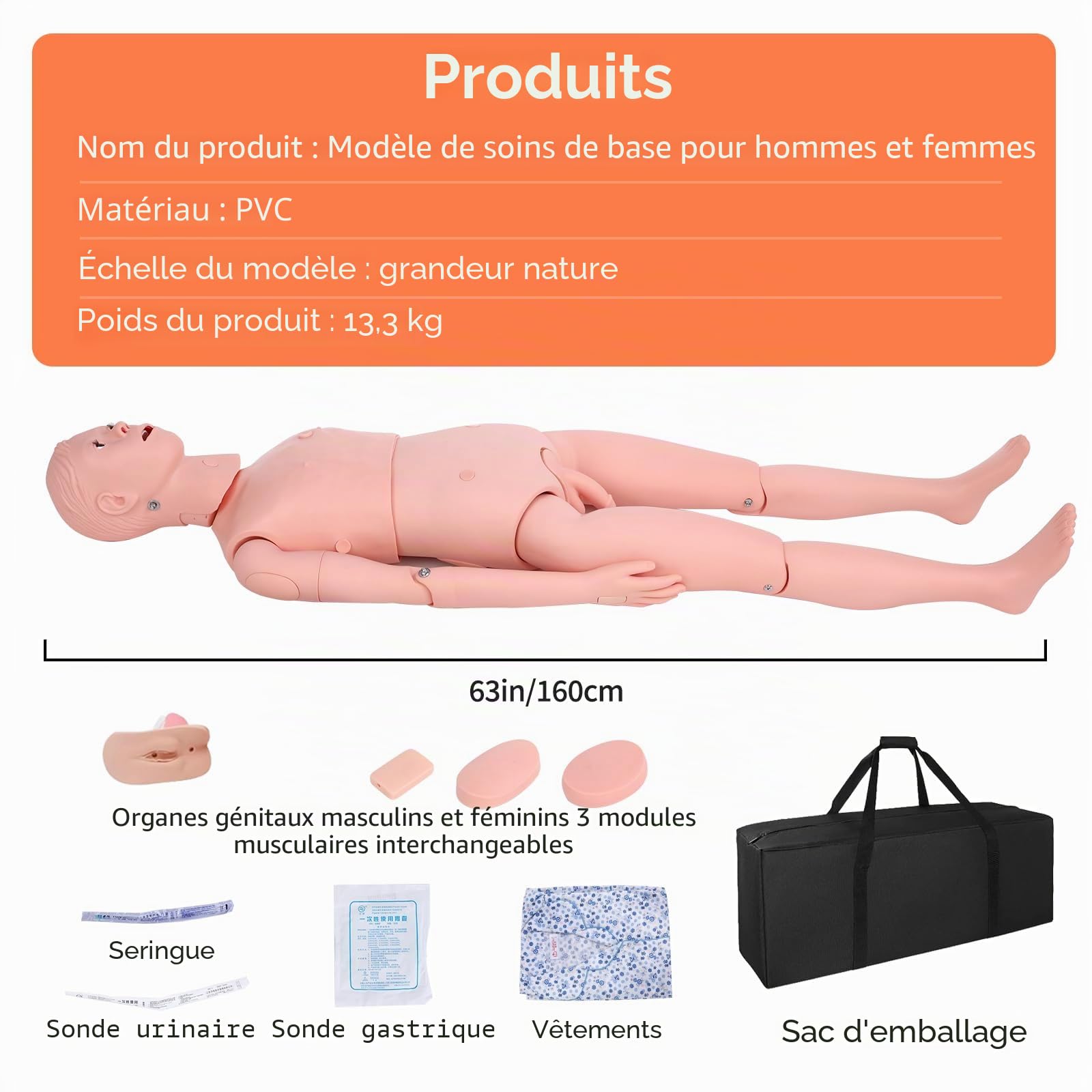 Mannequin de Soins Infirmiers Homme Femme - Mannequin de Soins aux Patients - 160 cm - Mannequin de Formation pour Infirmiers en PVC - 26 Compétences - Pour l'enseignement et l'éducation