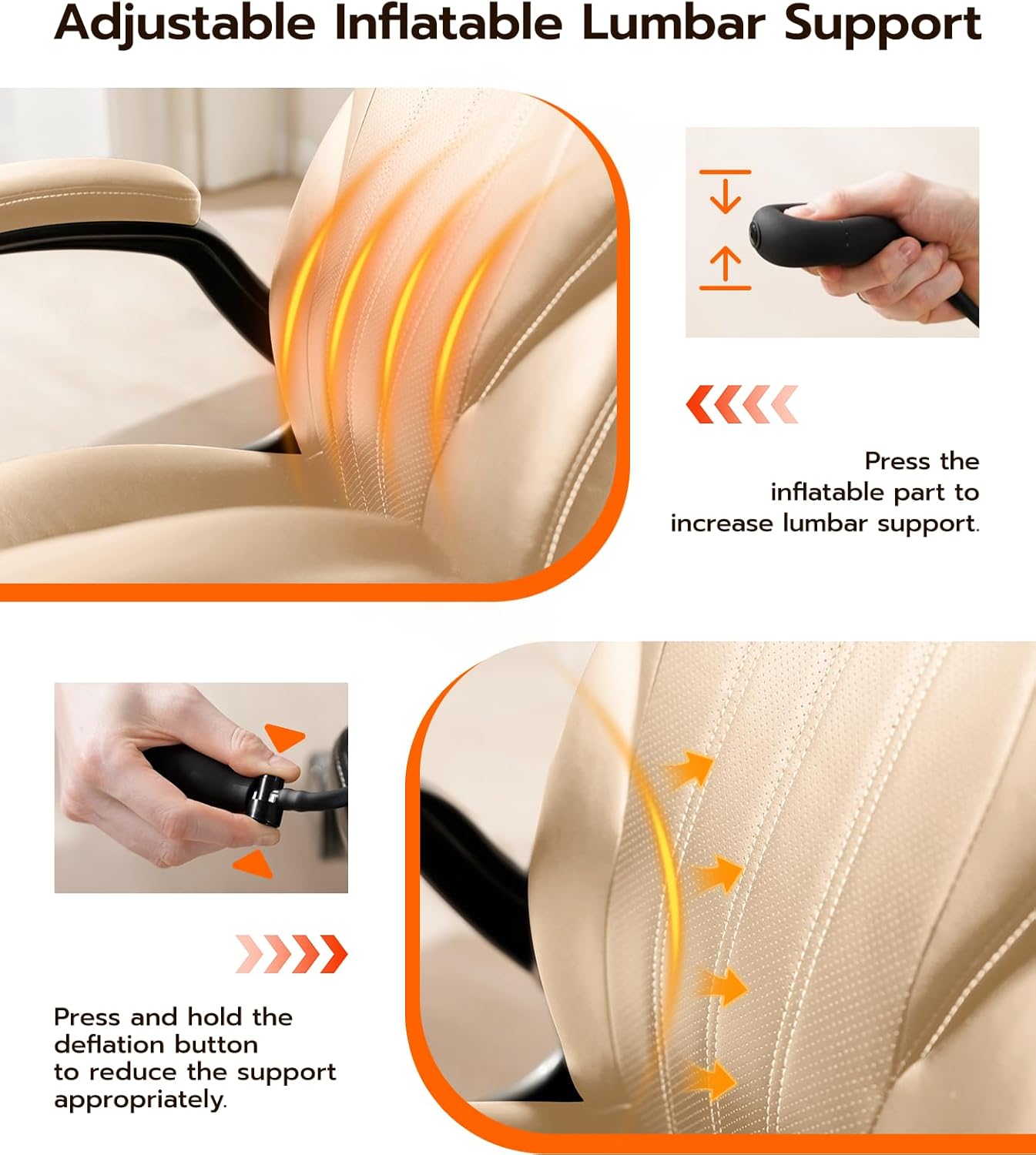 Condition photo showing New/Like New for office desk chair, ergonomic computer chair with padded flip-up arms and adjustable lumbar support, pu leather executive chair with tilt lock and 360° swivel rolling wheels for work, study beige