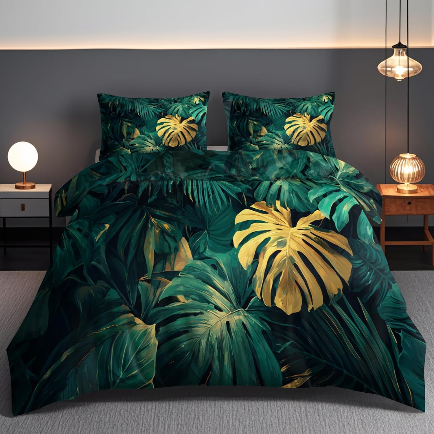 Funda Nórdica Cama 180 Hojas De Monstera y Palmera Reversible Funda de Edredón 135 x 200 cm Follaje Selvático Juego de Ropa de Cama 3 Piezas en Microfibra Transpirable con Cremallera y 2 Fundas d-87