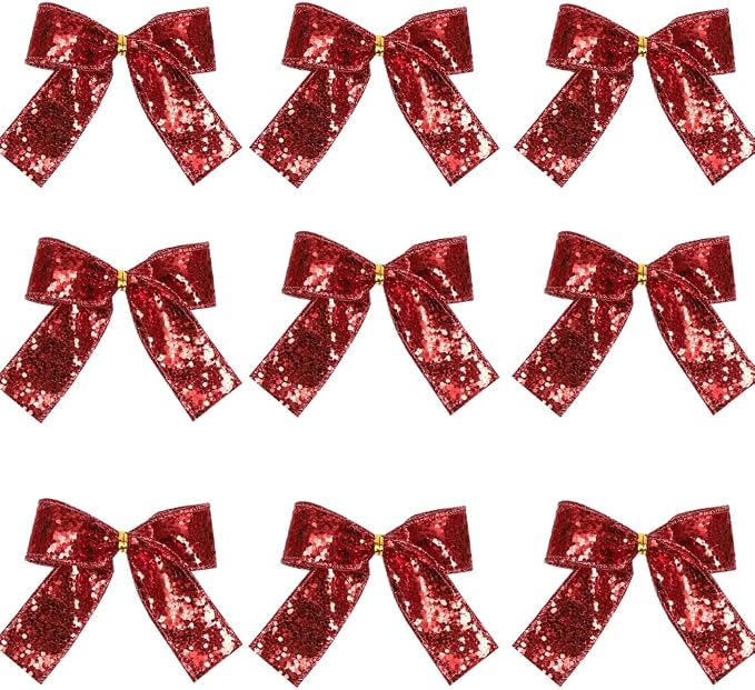 napmedon 12pcs Christmas Bow Decorations Red Glitter Burlap