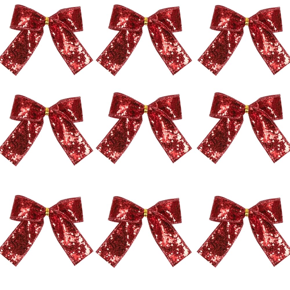 napmedon 12pcs Christmas Bows Decorations Red Glitter Burlap Wreaths Bows Small Christmas Tree Topper Bows for Wedding Party Farmhouse Decoration Ornaments (Red)