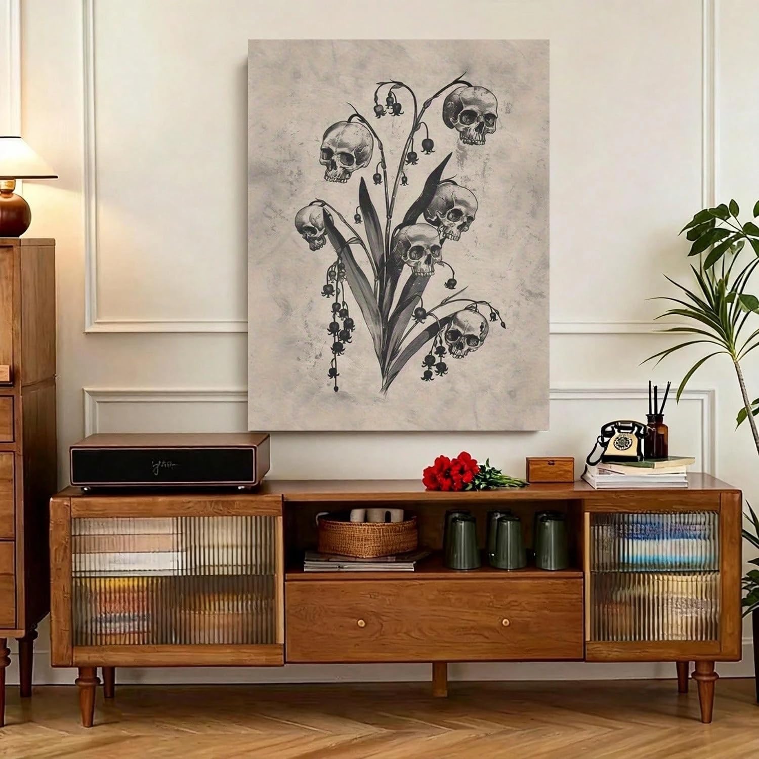 Trdmcfbn Floral Skull Wall Decor, Monochrome Lily of the Valley Canvas Print, Dark Academia Macabre Wall Art(70x90cm/With frame)