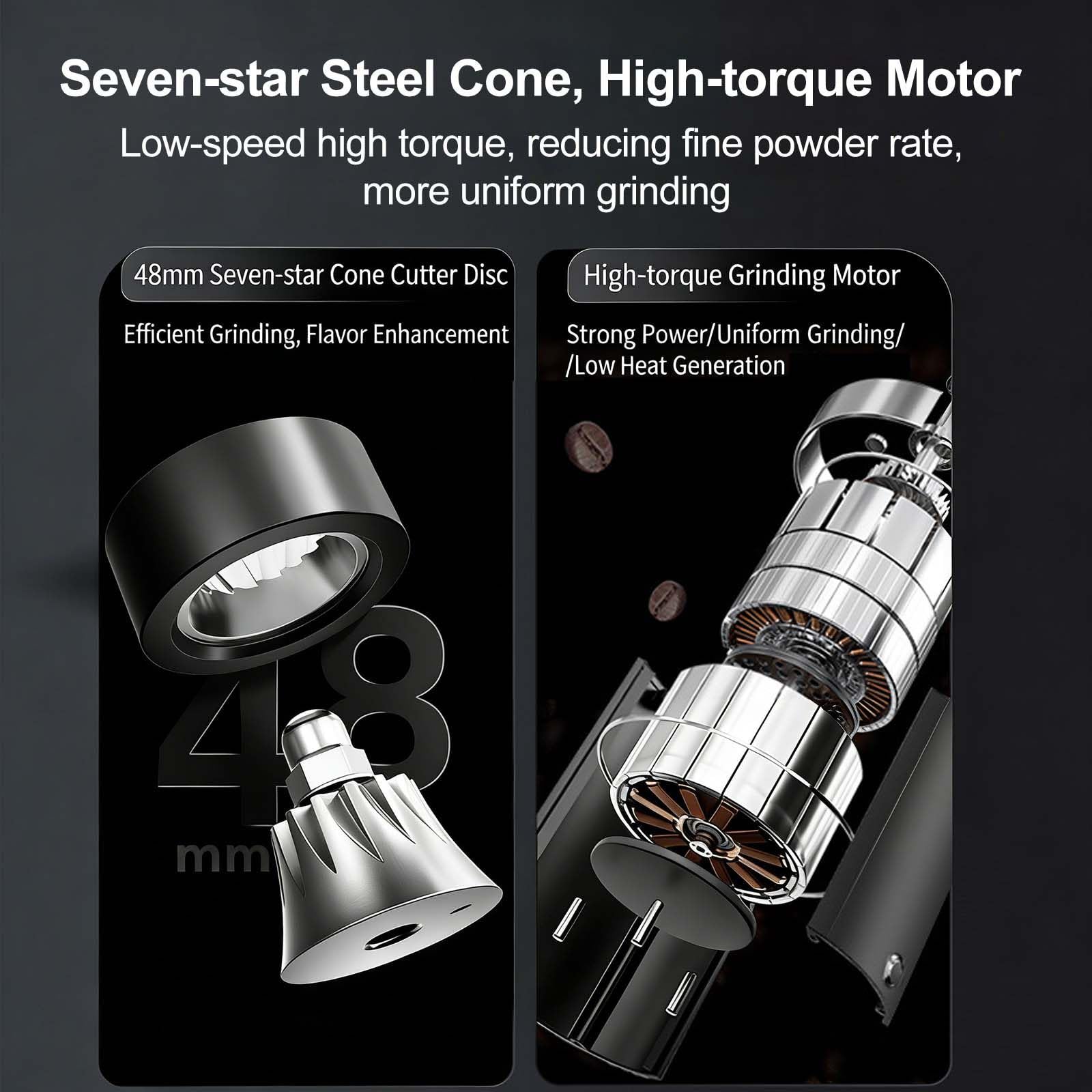 Molinillo De Café Sin Atascarse, Muelas CóNicas De 48 Mm Y 7 Estrellas De Alto Torque, Muele Granos Verdes Y Tueste Ligero, 60 Ajustes Regulables, AntiestáTico Y FáCil De Limpiar.