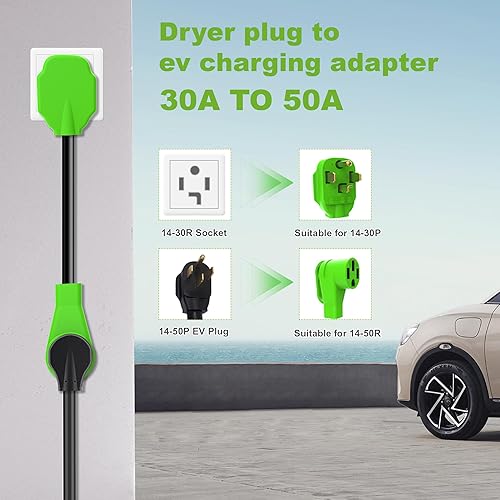 Miniatura 6 de NEMA 14-30P a 14-50R Cable adaptador de cargador EV, 4 tomas de corriente con mango de agarre, compatible con EV y uso de secadora, 250 voltios, 10