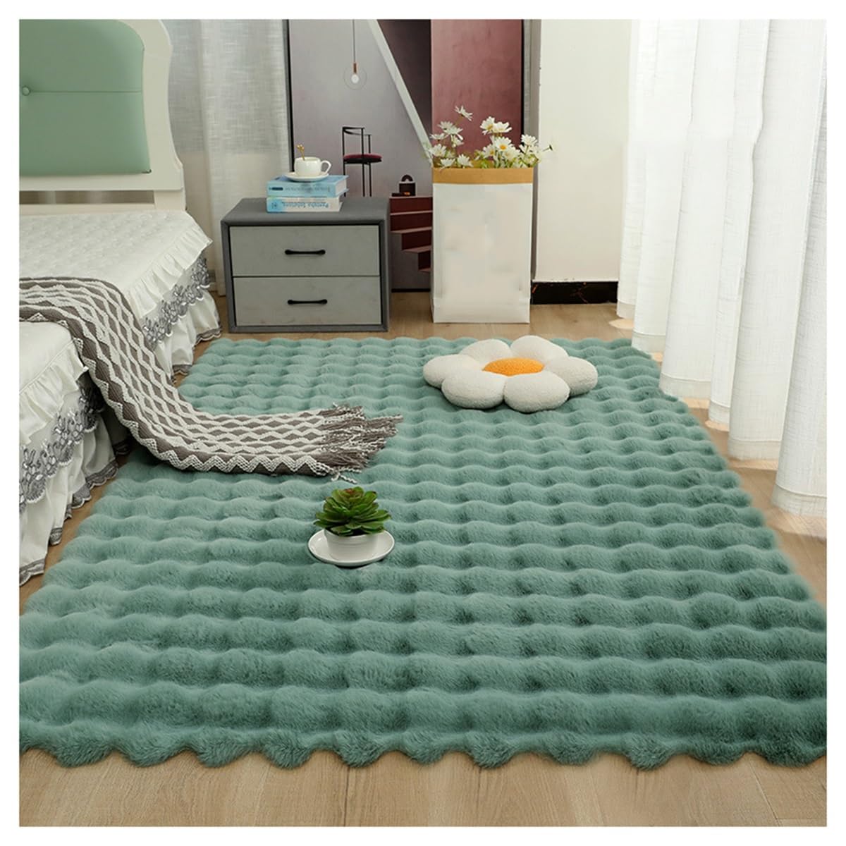 Tapis en fausse fourrure verte 50x80 cm doux et moelleux pour salon