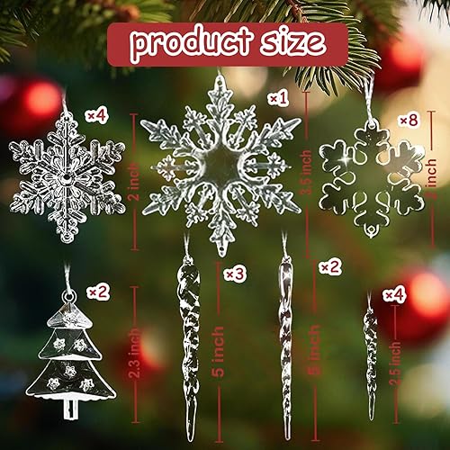 Miniatura 2 de 24 adornos de cristal para árbol de Navidad, decoraciones colgantes de copos de nieve acrílicos y carámbano con colgantes de gota para decoración de