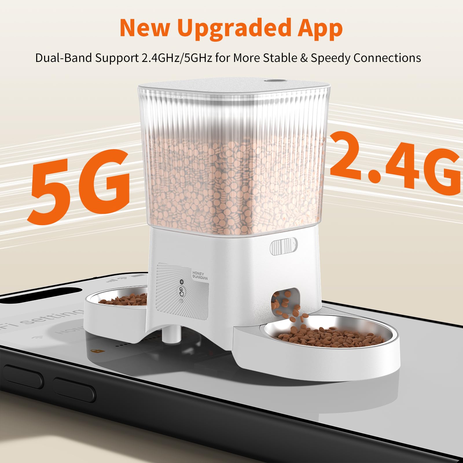 Distributeur Croguettes Chat Automatique Double, HONEYGUARDIAN 5G/2.4G WiFi Gamelle Chat Automatique 4 Bols(Bol INOX +Bol Lente), Distributeur Croquettes Chats/Chien, Opération Facile & Contrôle APP