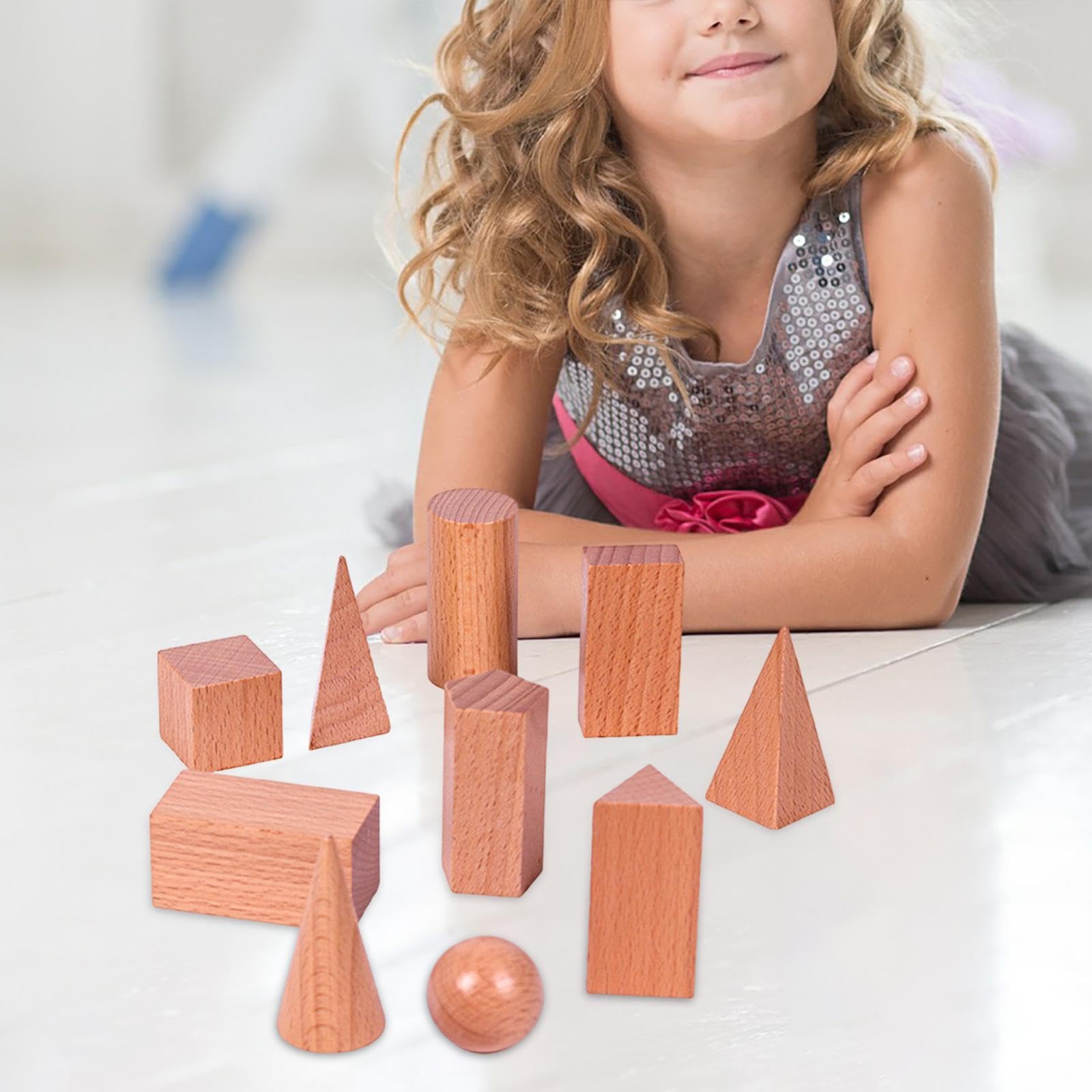 Sharplace 10 Figuras de Formas 3D, Sólidos Geométricos de Madera, Juego de Bloques de Patrones de Aprendizaje Montessori Sólidos para Preescolar, Aula, Primaria, Hogar y Escuela