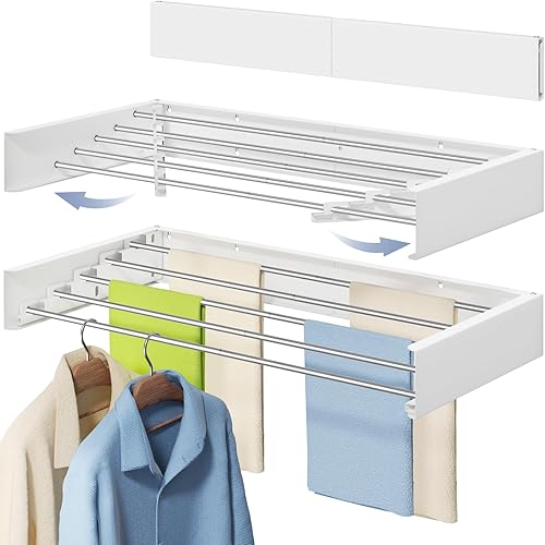 Wall Mounted Foldable Clothes Drying Rack, 32-Inch Wide, 5 Stainless Steel Rods, Space-Saving Laundry Drying Rack with Wall Template, White