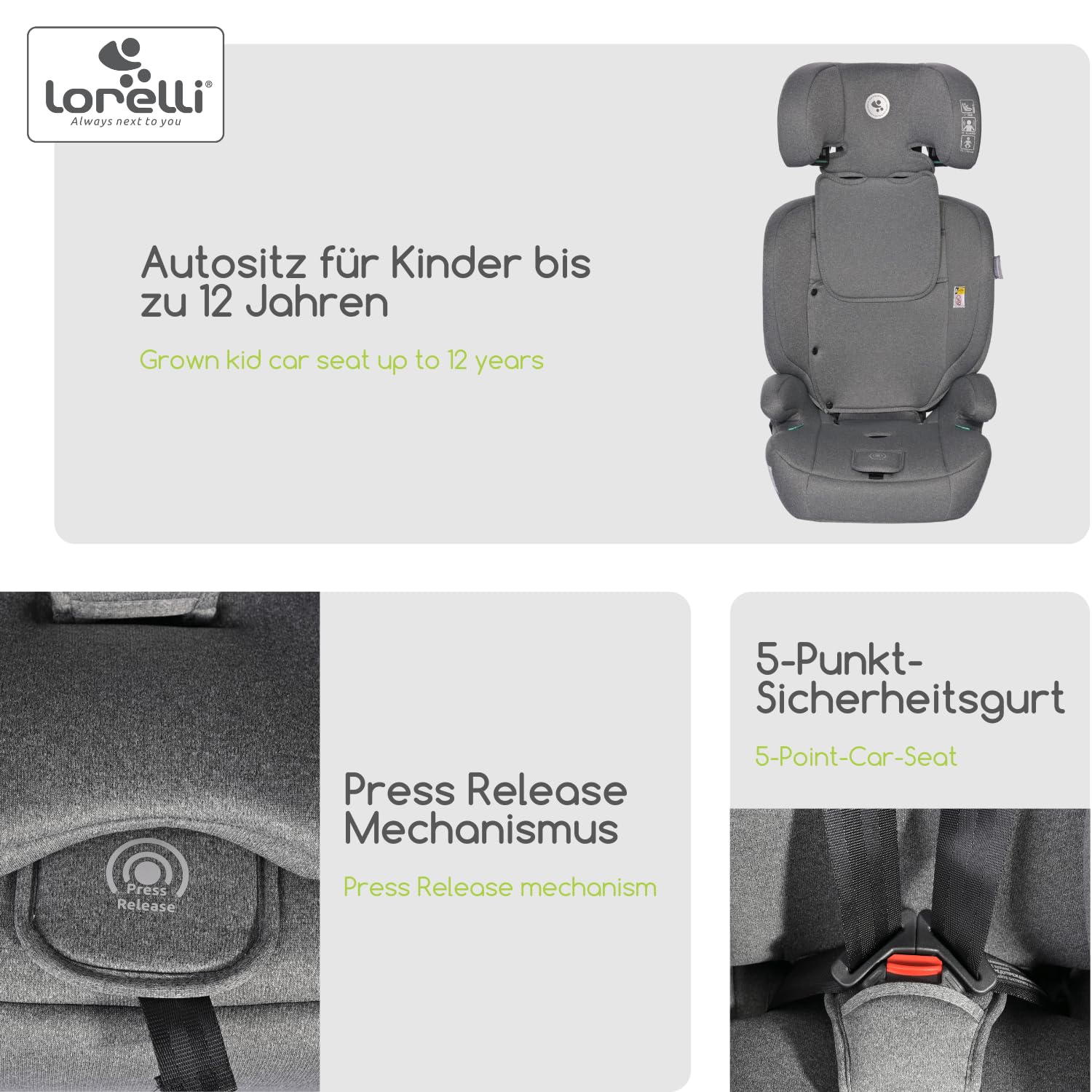 Lorelli Auto Kindersitz Colombo i-Size, mitwachsender Autositz für Kinder von 76-150 cm, Babysitz, Autokindersitz, Einstellbare Kopfstütze, 5-Punkt-Sicherheitsgurt, gelb