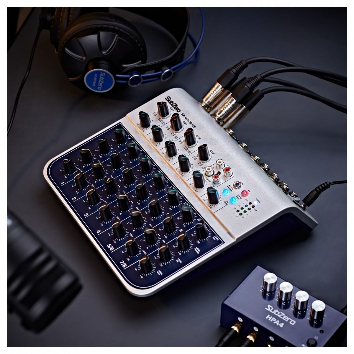 SubZero Mixer audio compatto a 8 canali con USB | Mixer compatto 8 canali per concerti, registrazione domestica o DJ, 4 ingressi XLR con alimentazione phantom, EQ 2 bande