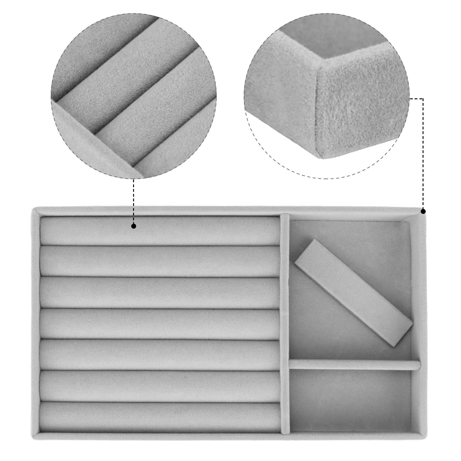 QWORK® 10 sztuk składanych aksamitnych tacek na biżuterię do szuflady - 21x12x2.5cm - szary organizer do wystawiania kolczyków, pierścionków, naszyjników, bransoletek