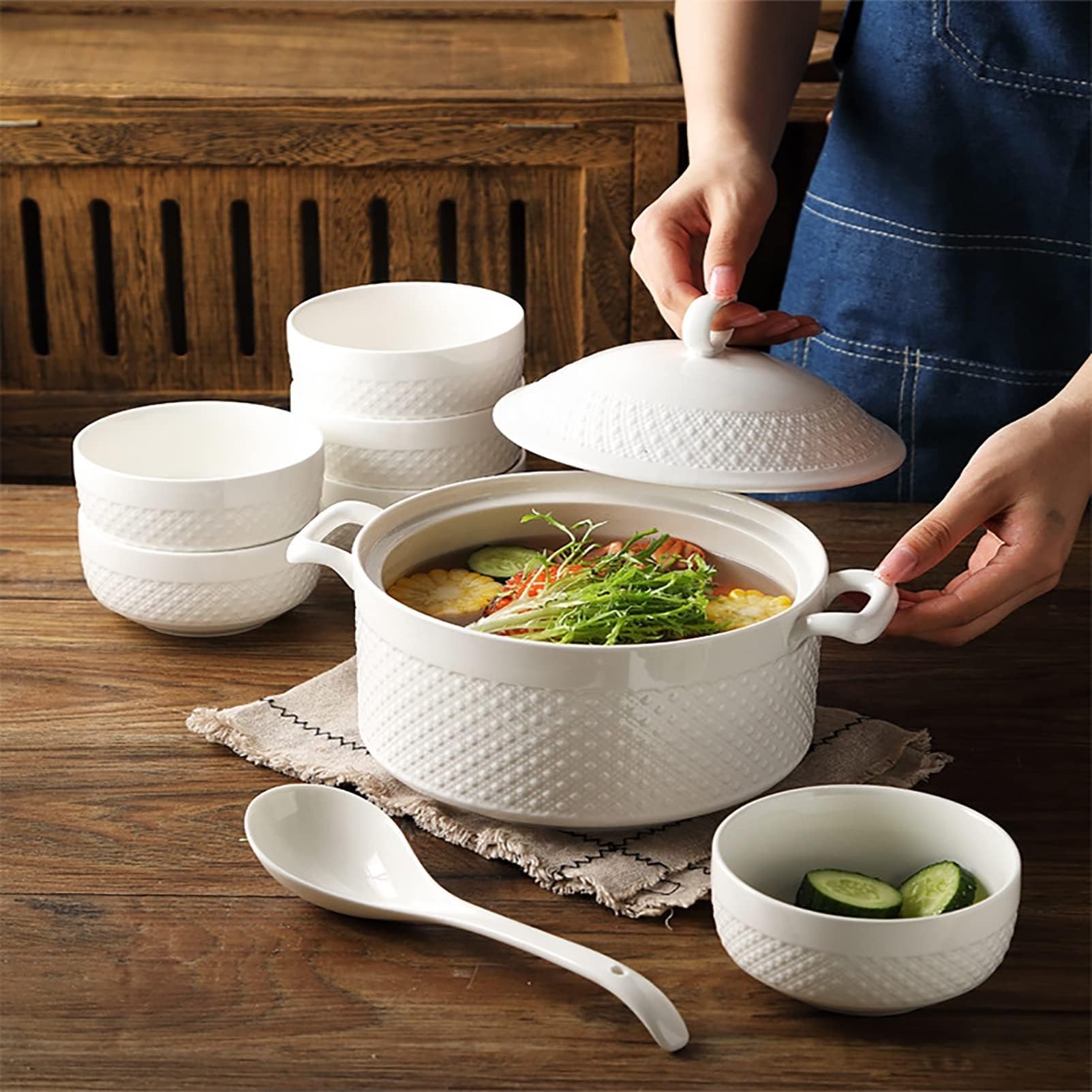 Zuppiera In Porcellana TAMUME 350ml - Elegante Con Coperchio Per Zuppe E Stufati, Bianco - Foto 3