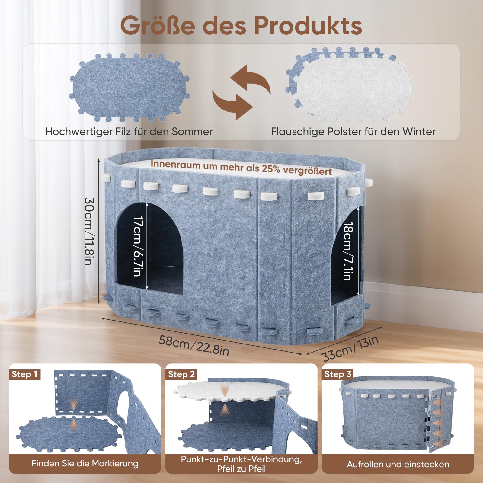 Filz Katzenhöhle Zweistöckig, Abnehmbare Waschbare Katzenhaus mit Doppelseitiger Matte, 58x33x30cm Kratzfest Katzenbett für Indoor Katzen, Vierjahreszeiten Geeignet