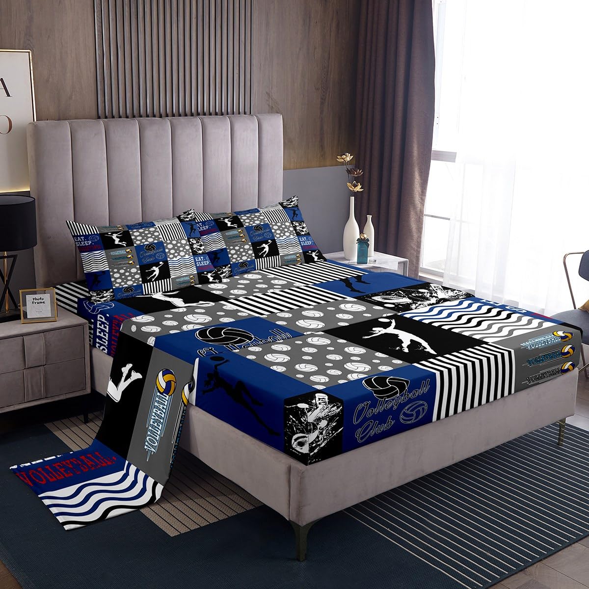 jejeloiu Volleyball Bed Sheets Set for Kids Boys Girls Twin Size Sports Game Fitted Sheet Volleyball Player Bedding Collection Ball Sports Theme Bedding Set Ball Games