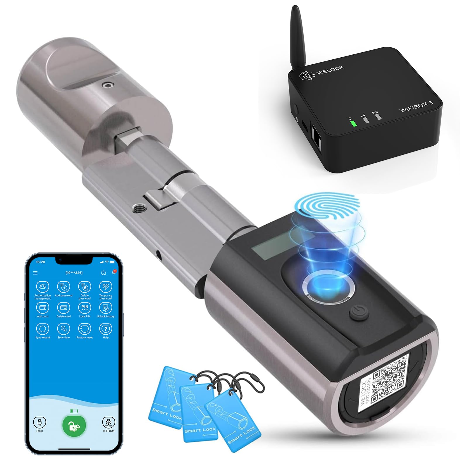 Welock Fingerprint Door Lock with WiFi Box 3, Intelligent Door Lock for Smart Home, Waterproof Door Lock, Gate Door Lock Smart for 50-100 mm Door, Compatible with Alexa